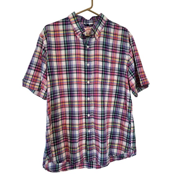 Brooks Brothers Button Down Shirt Men's XL Plaid 100% Cotton Short Sleeve E20.4 - Picture 1 of 12